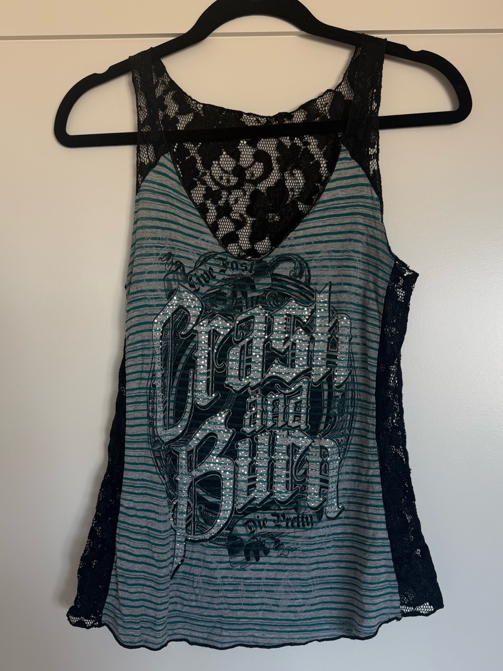 Y2K Crash & Burn Teal Striped Graphic Tank with Black Lace